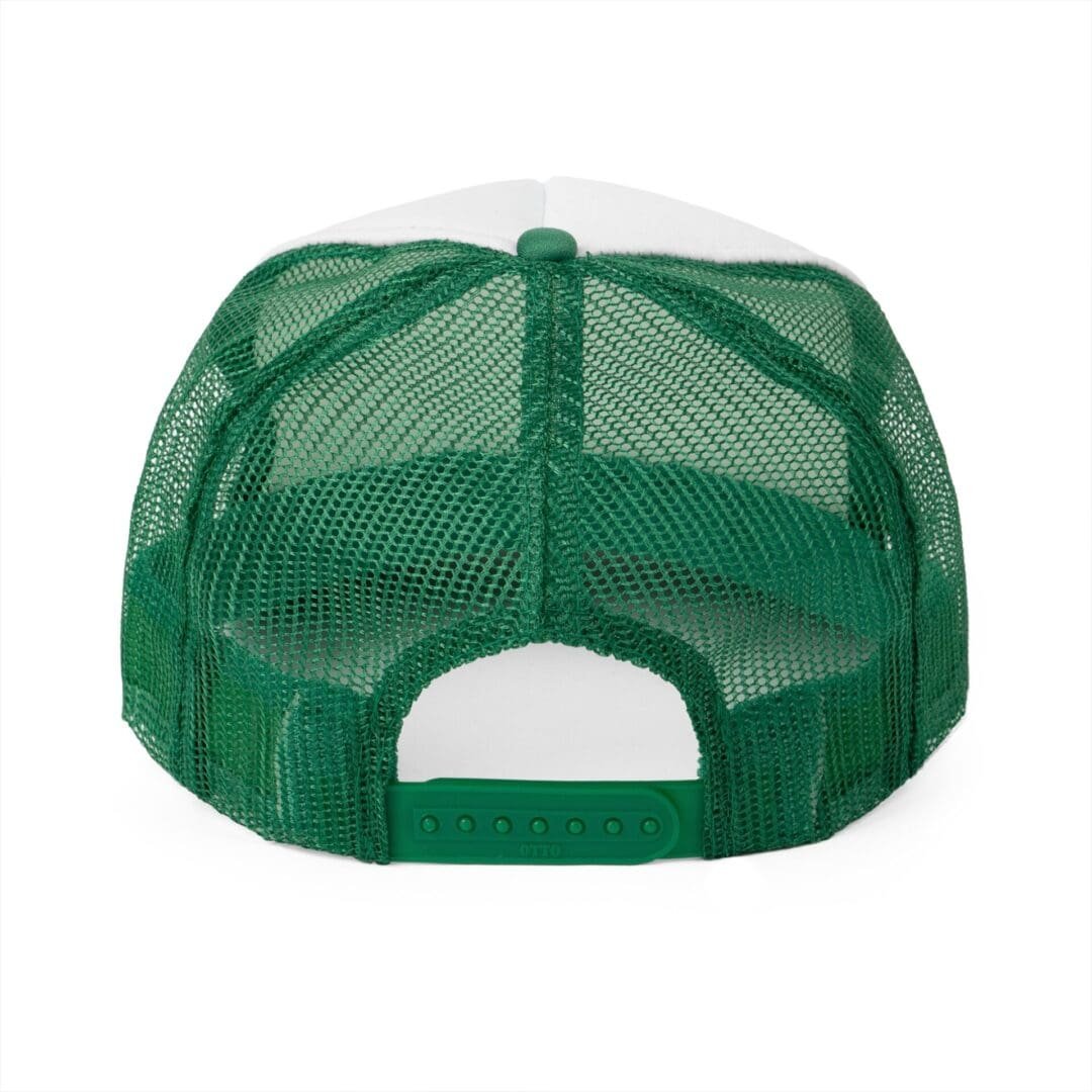 Green mesh back trucker hat with adjustable snap closure.