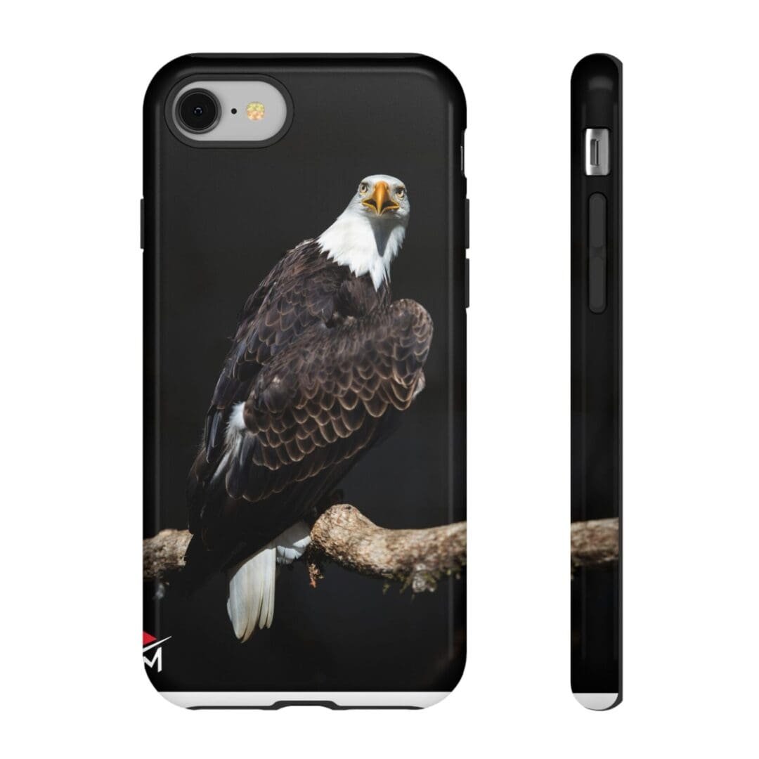 Phone case featuring a detailed bald eagle perched on a branch.