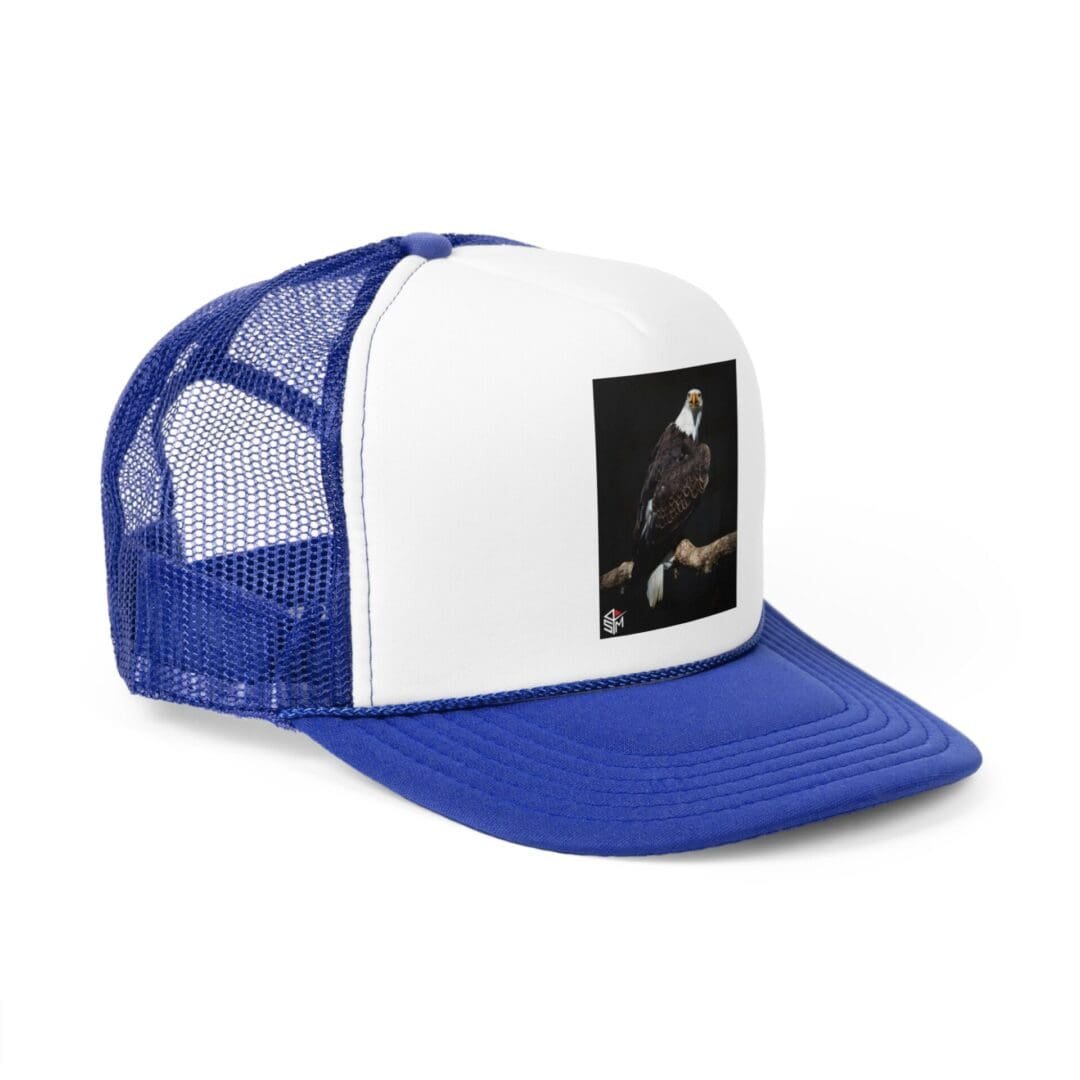 Blue and white mesh trucker hat with a small black and white photo patch.