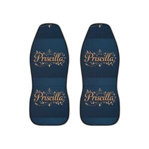 Two blue car seat covers with elegant script text designs.