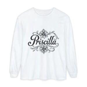 White long-sleeve shirt with "Priscilla" and decorative design.