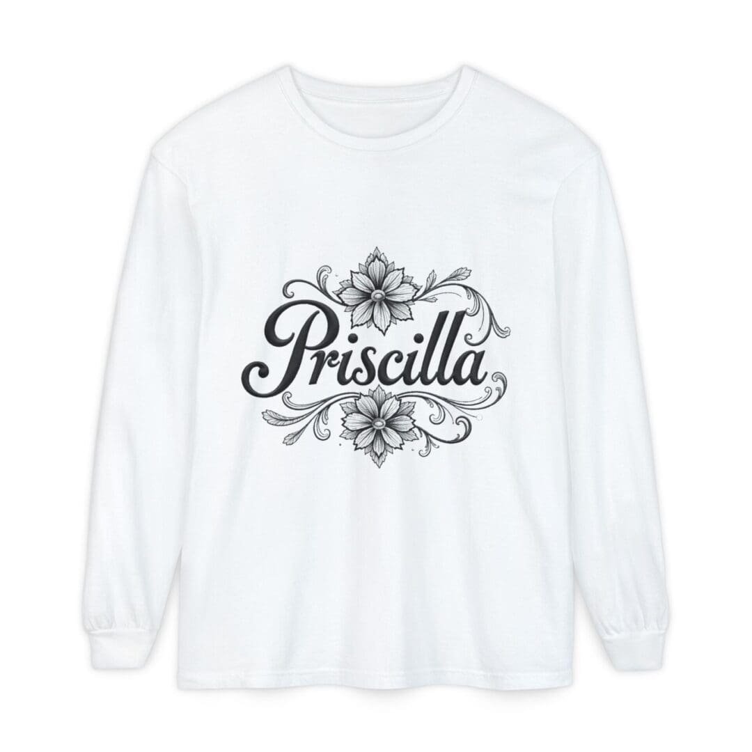 White long-sleeve shirt with "Priscilla" and decorative design.