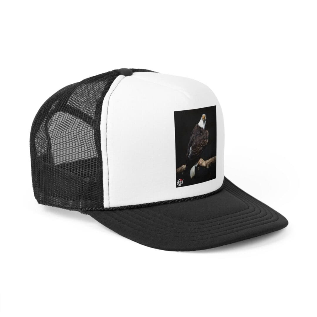 Black and white mesh trucker hat with a small printed image on the front.