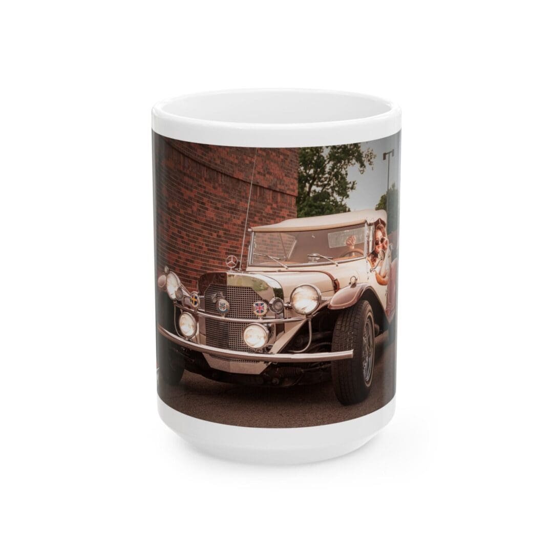 A white mug featuring a vintage car design.