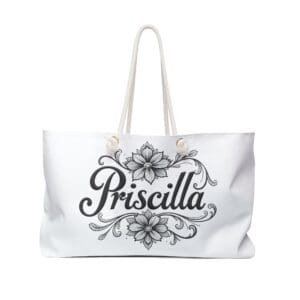 White tote bag with 'Priscilla' and floral design.