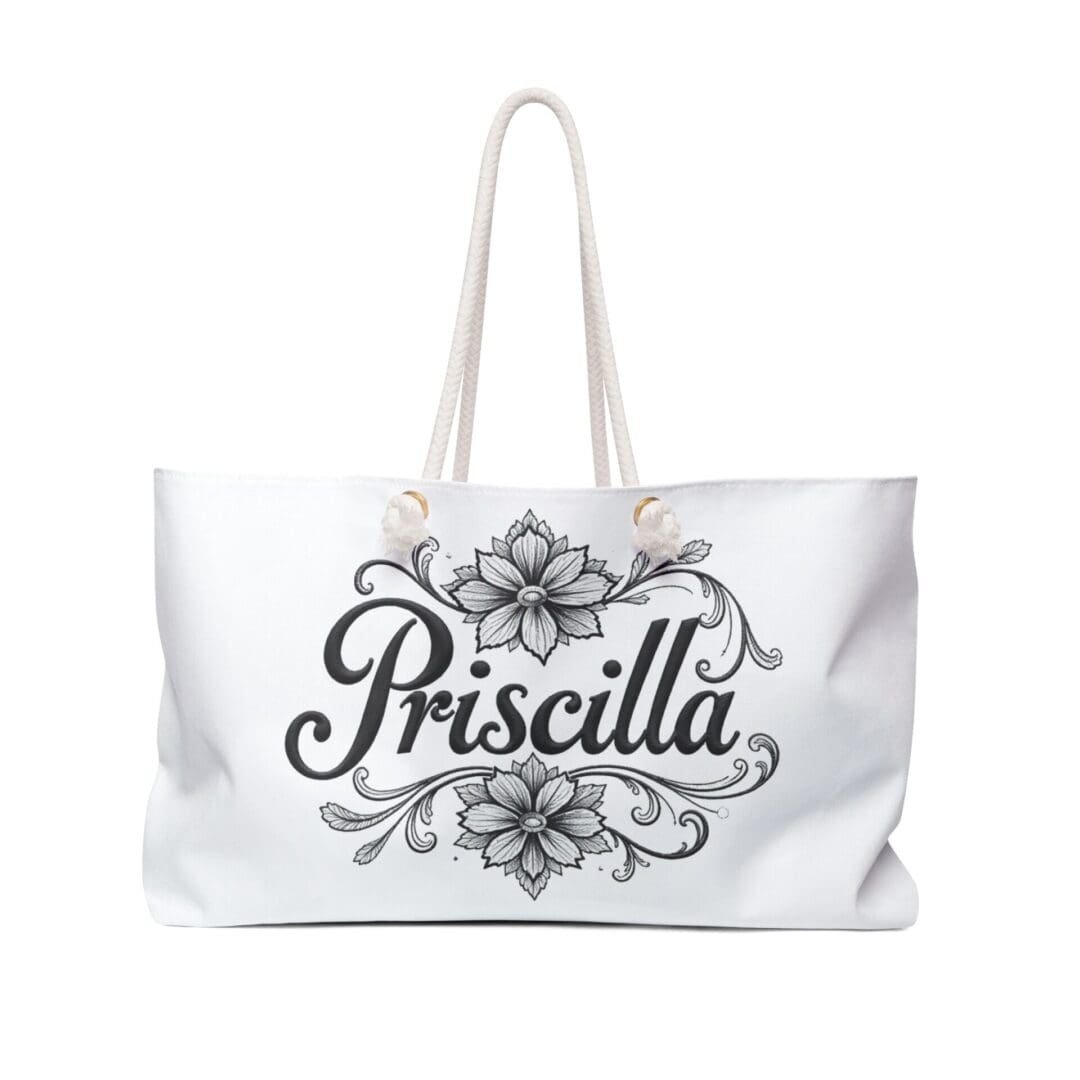 White tote bag with 'Priscilla' and floral design.