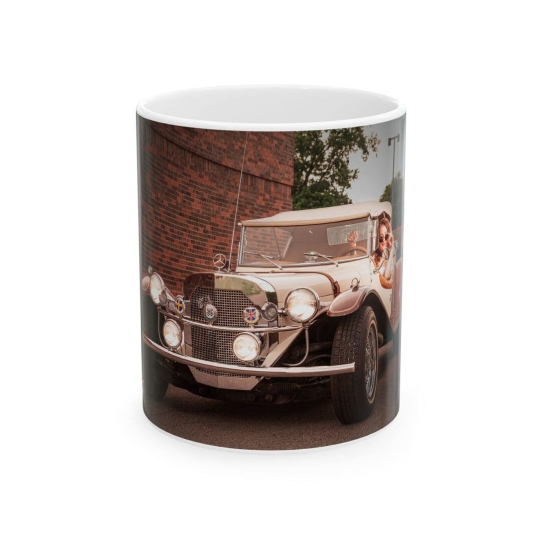 A mug featuring a vintage car image printed on it.