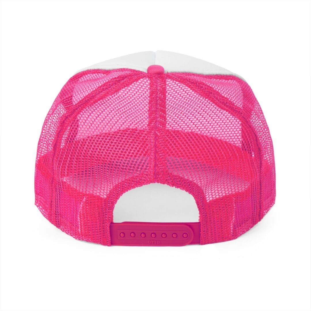 Back view of a pink mesh trucker cap with adjustable strap.