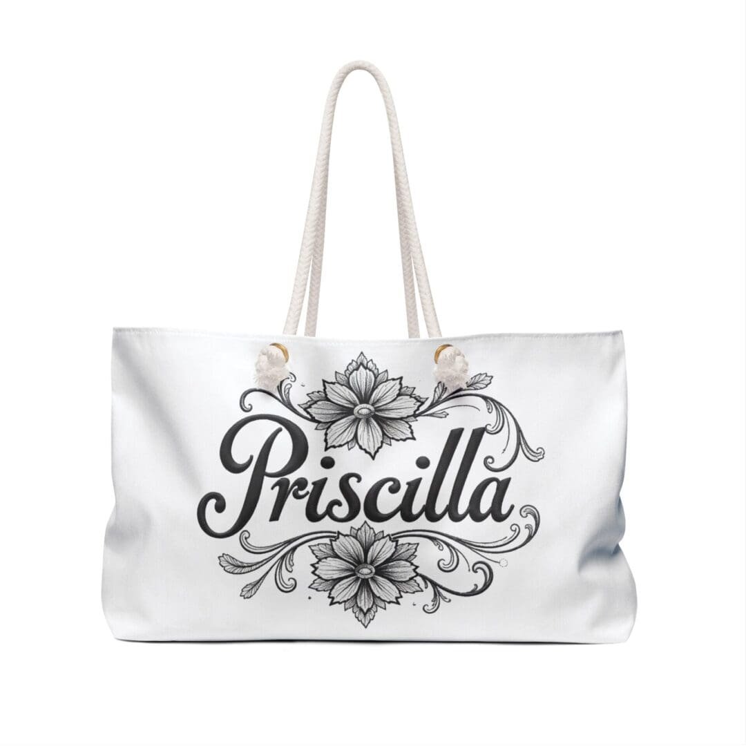 White tote bag with floral design and Priscilla text.