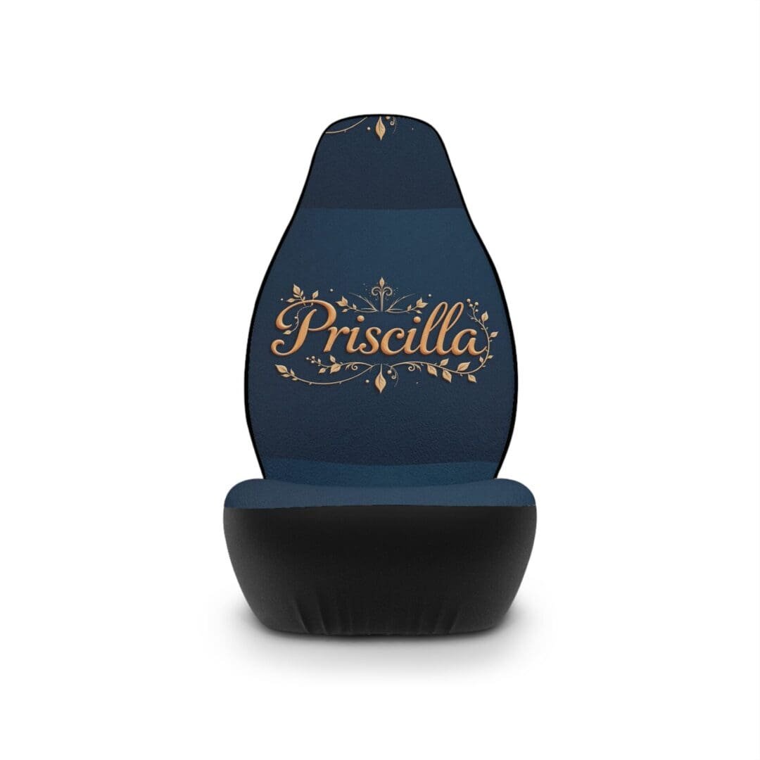 Black car seat cover with 'Priscilla' and floral design.