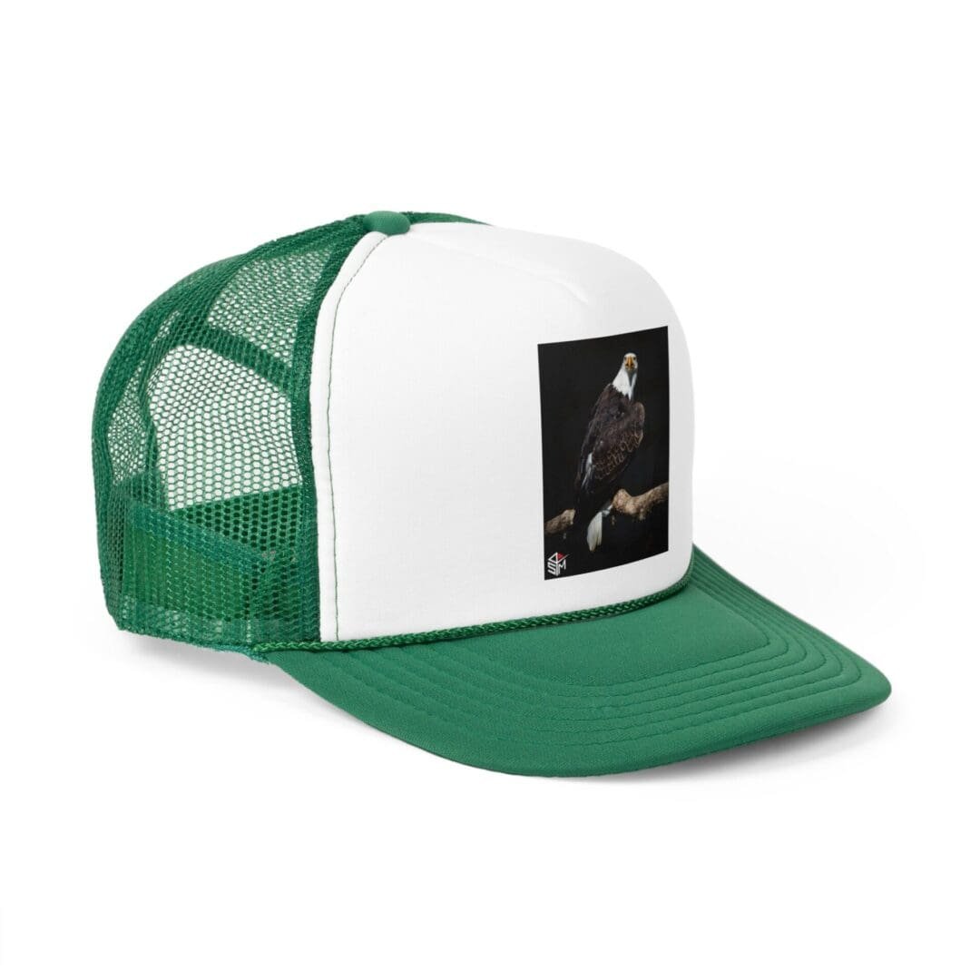 Green and white mesh trucker hat with a small black-and-white photo patch.