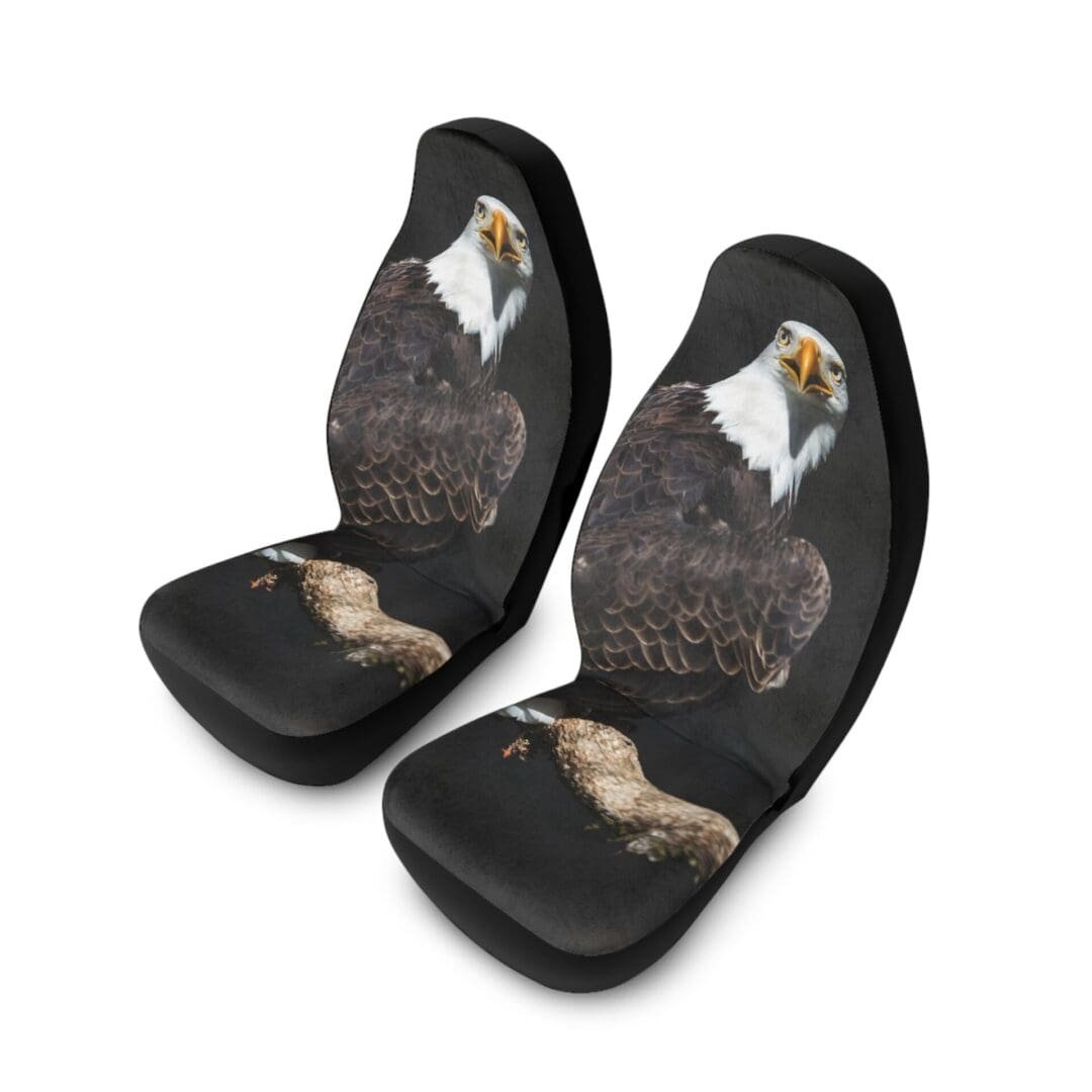 Car seat covers featuring a detailed bald eagle design.