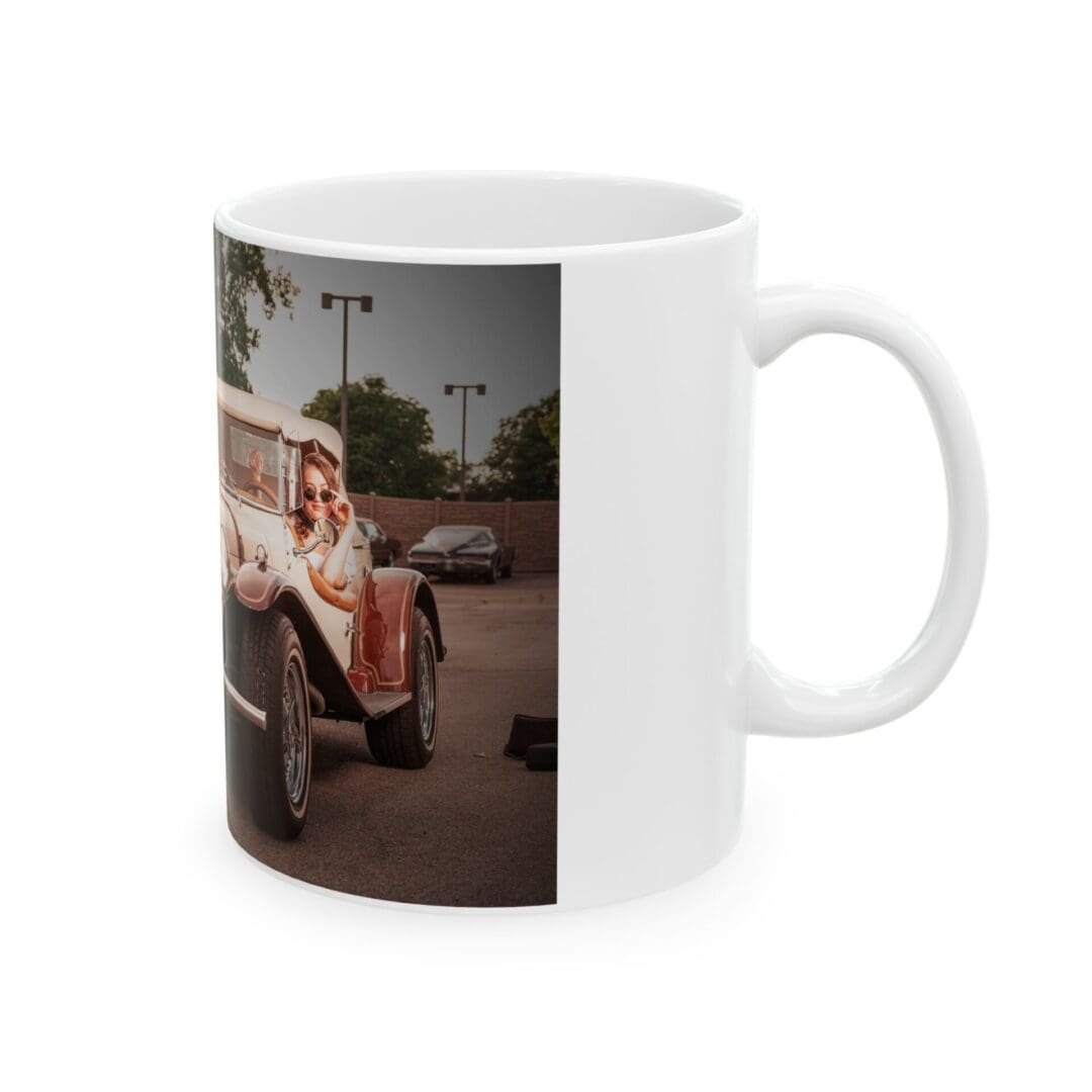 White mug with a vintage car photo printed on it.