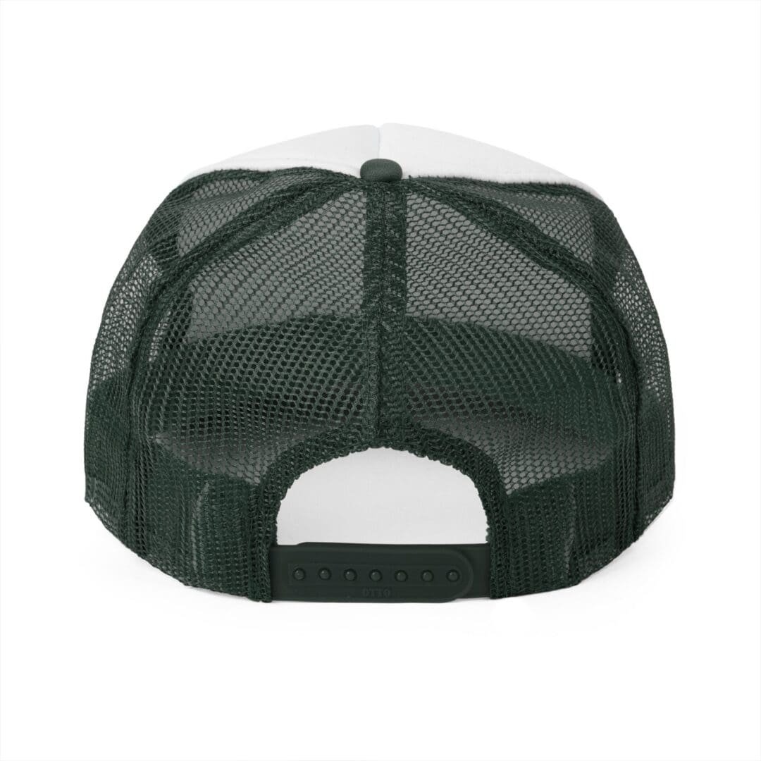 Back view of a black mesh trucker cap with adjustable snap closure.