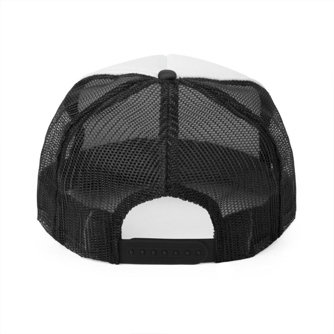 Black mesh trucker hat viewed from the back.