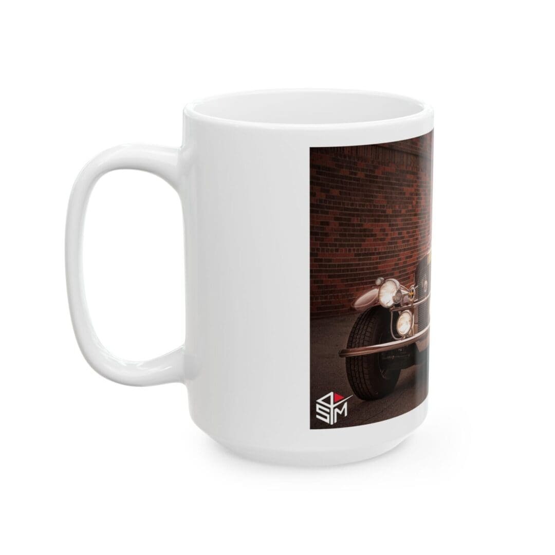 White ceramic mug with a dark photo print on its side.