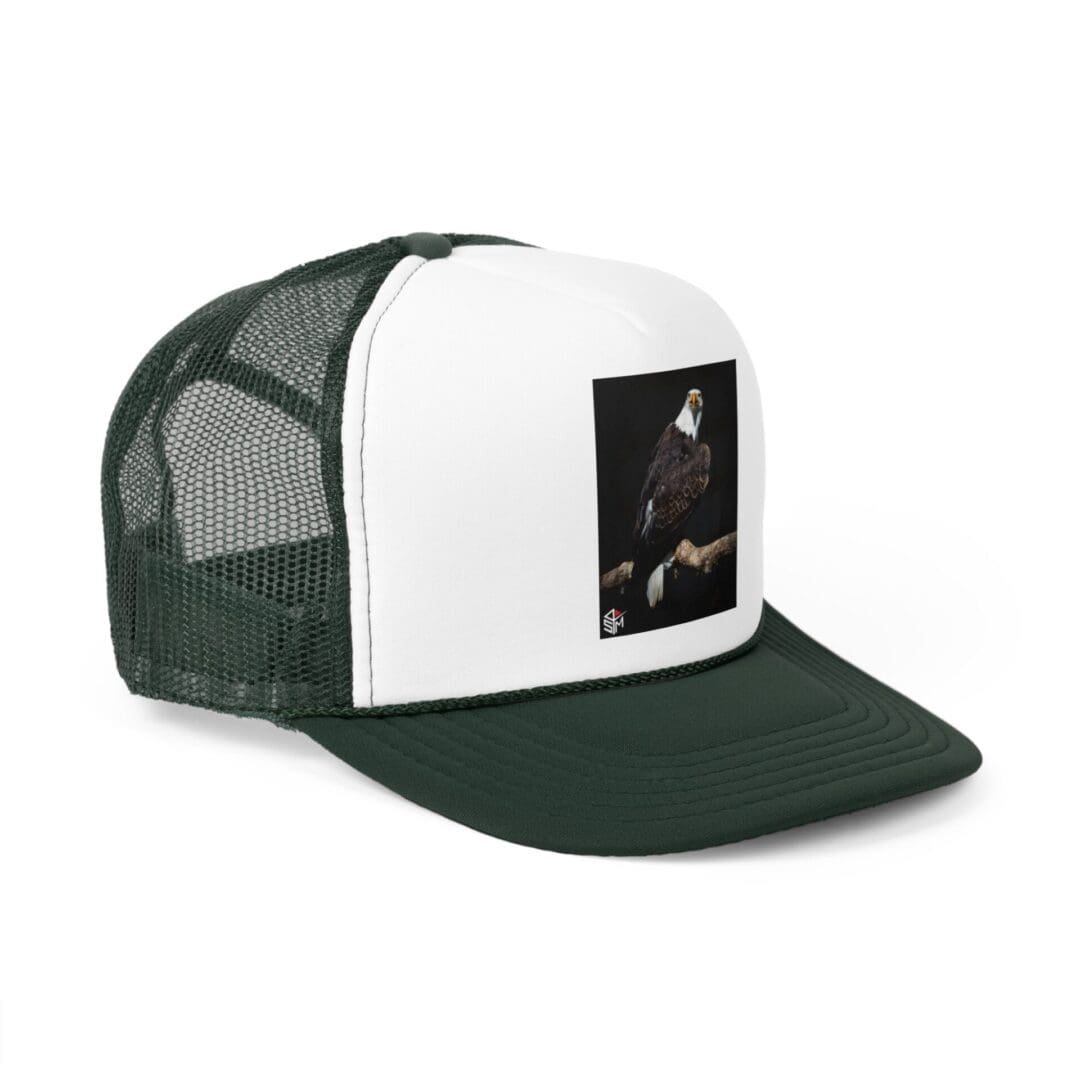 Green and white trucker hat with a small graphic patch on the front.
