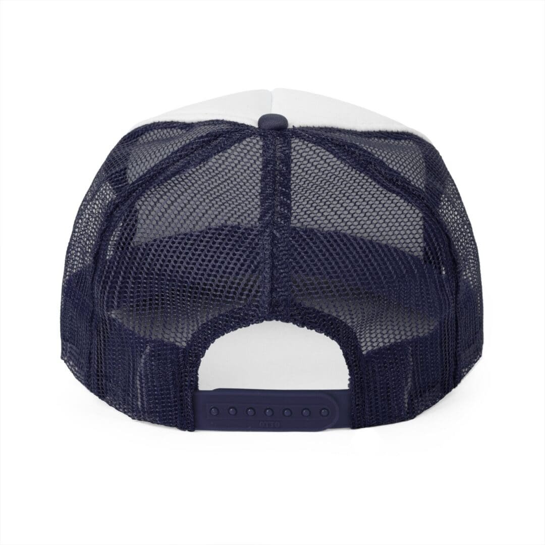Navy blue mesh trucker hat viewed from the back.