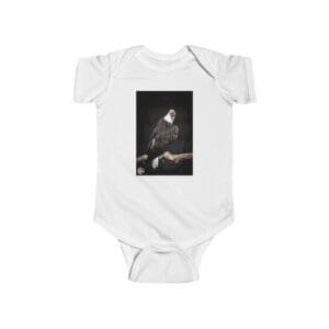 White baby onesie featuring a dark-themed artistic print of a person in deep thought.