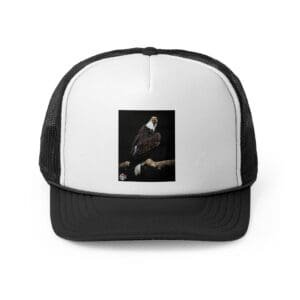 Black and white trucker hat with a small rectangular image of a musician playing guitar.