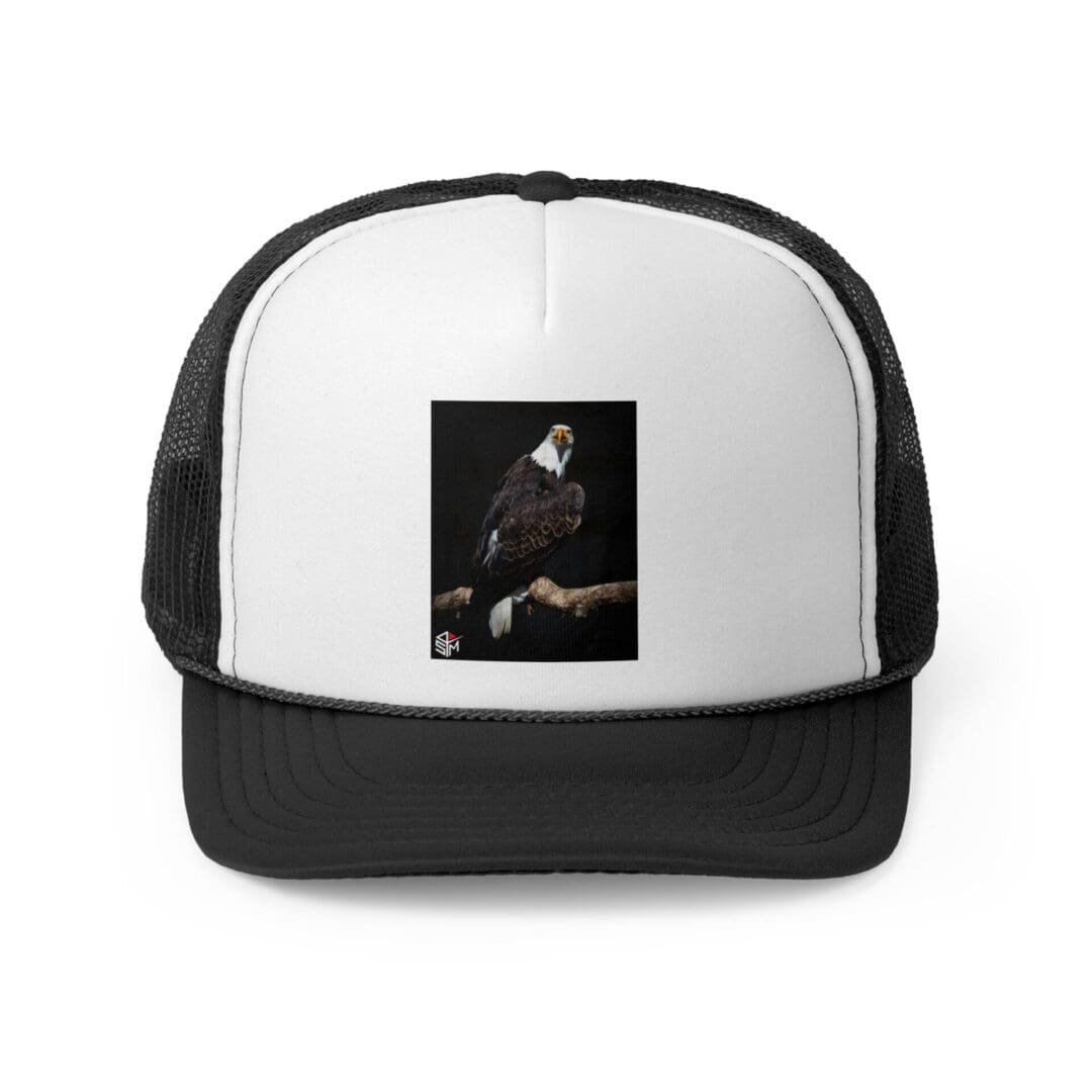 Black and white trucker hat with a small rectangular image of a musician playing guitar.