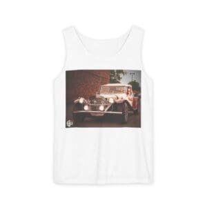 White tank top featuring a vintage car graphic design.