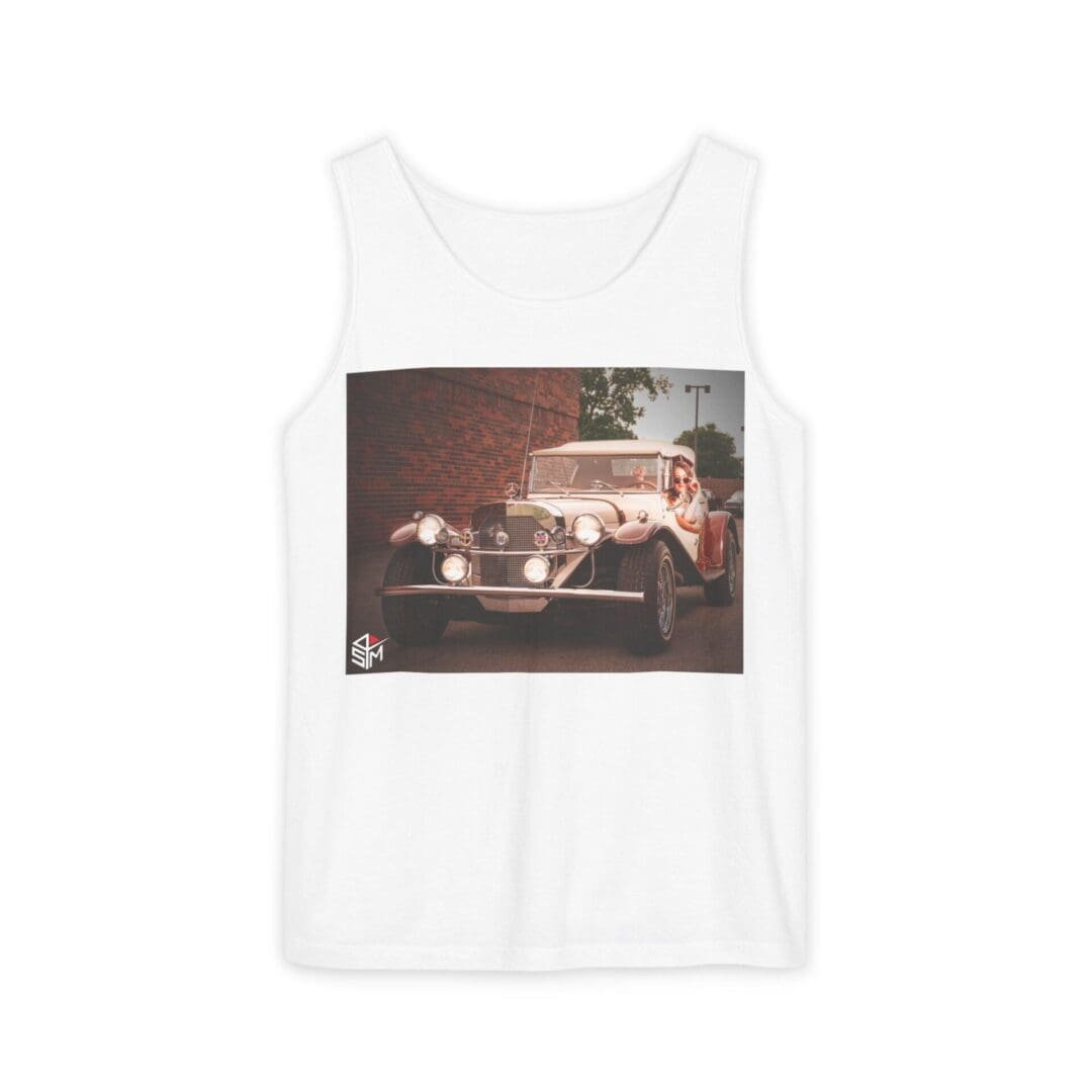 White tank top featuring a vintage car graphic design.