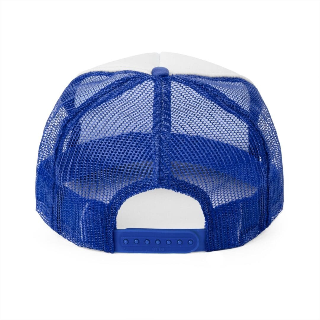 Back view of a blue mesh trucker hat.