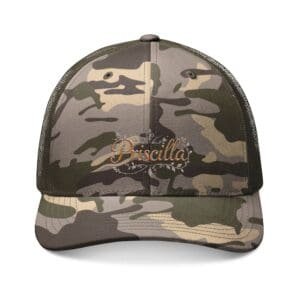 Camouflage-patterned baseball cap with embroidered cursive text.