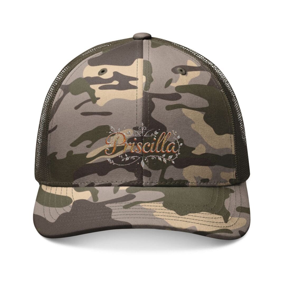 Camouflage-patterned baseball cap with embroidered cursive text.
