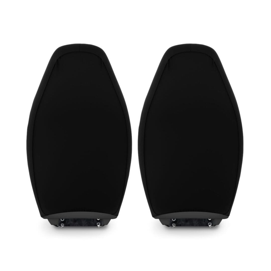 Pair of black computer speakers with a simple design.