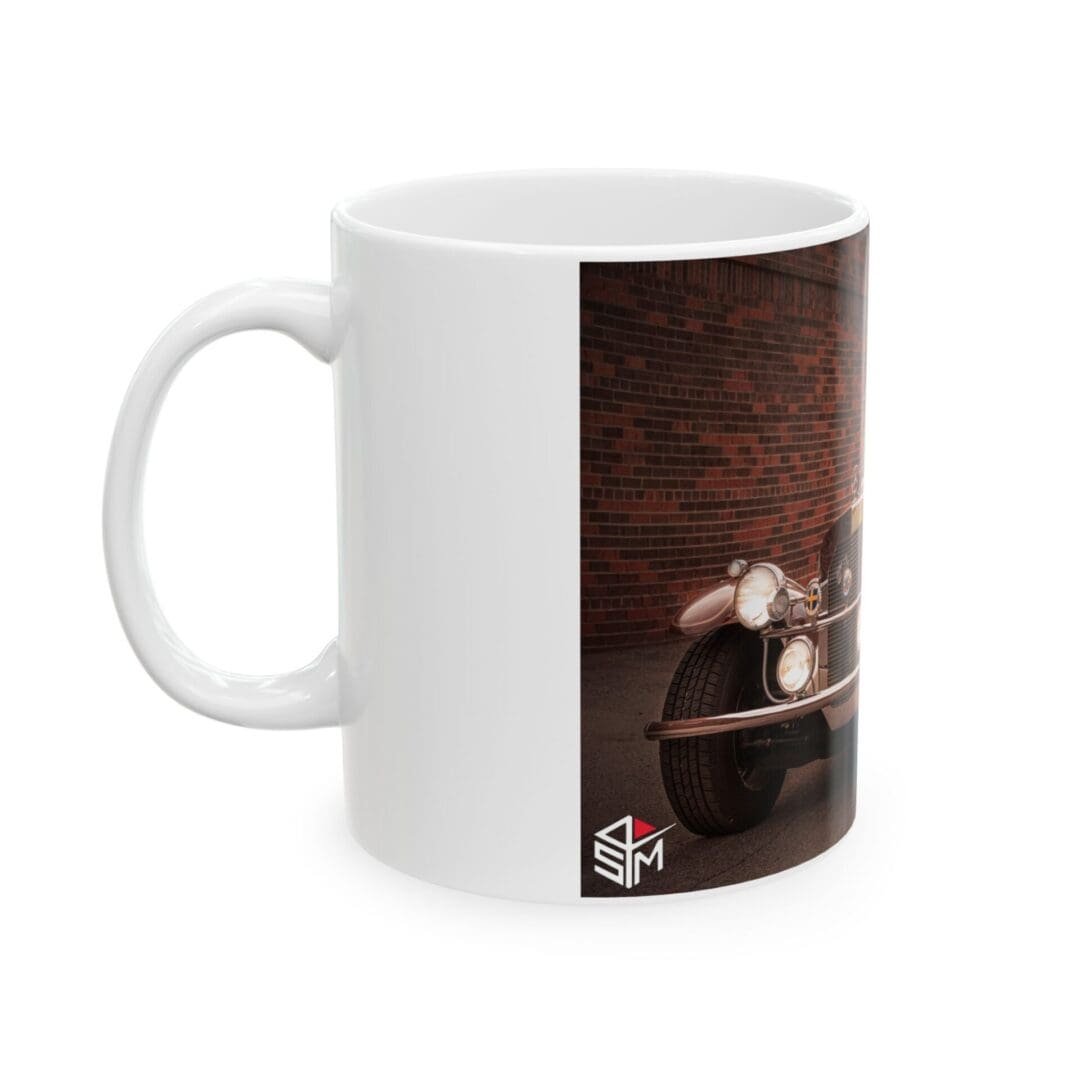 White coffee mug with a vintage clock image design.