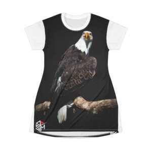 Black and white dress featuring a detailed bald eagle perched on a branch.