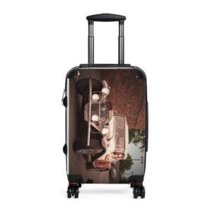 Hard-shell suitcase with artistic cityscape design and telescopic handle.