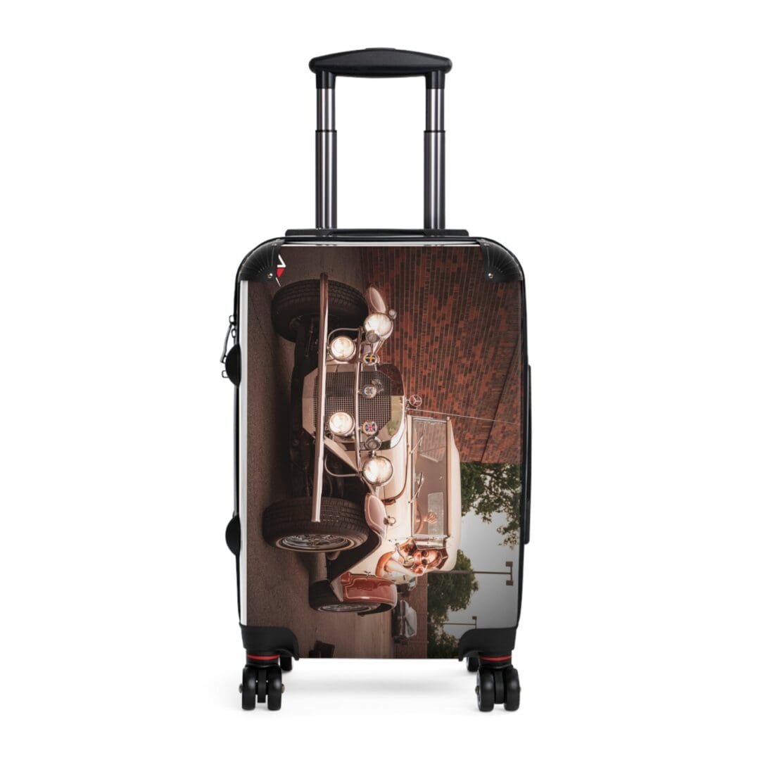 Hard-shell suitcase with artistic cityscape design and telescopic handle.