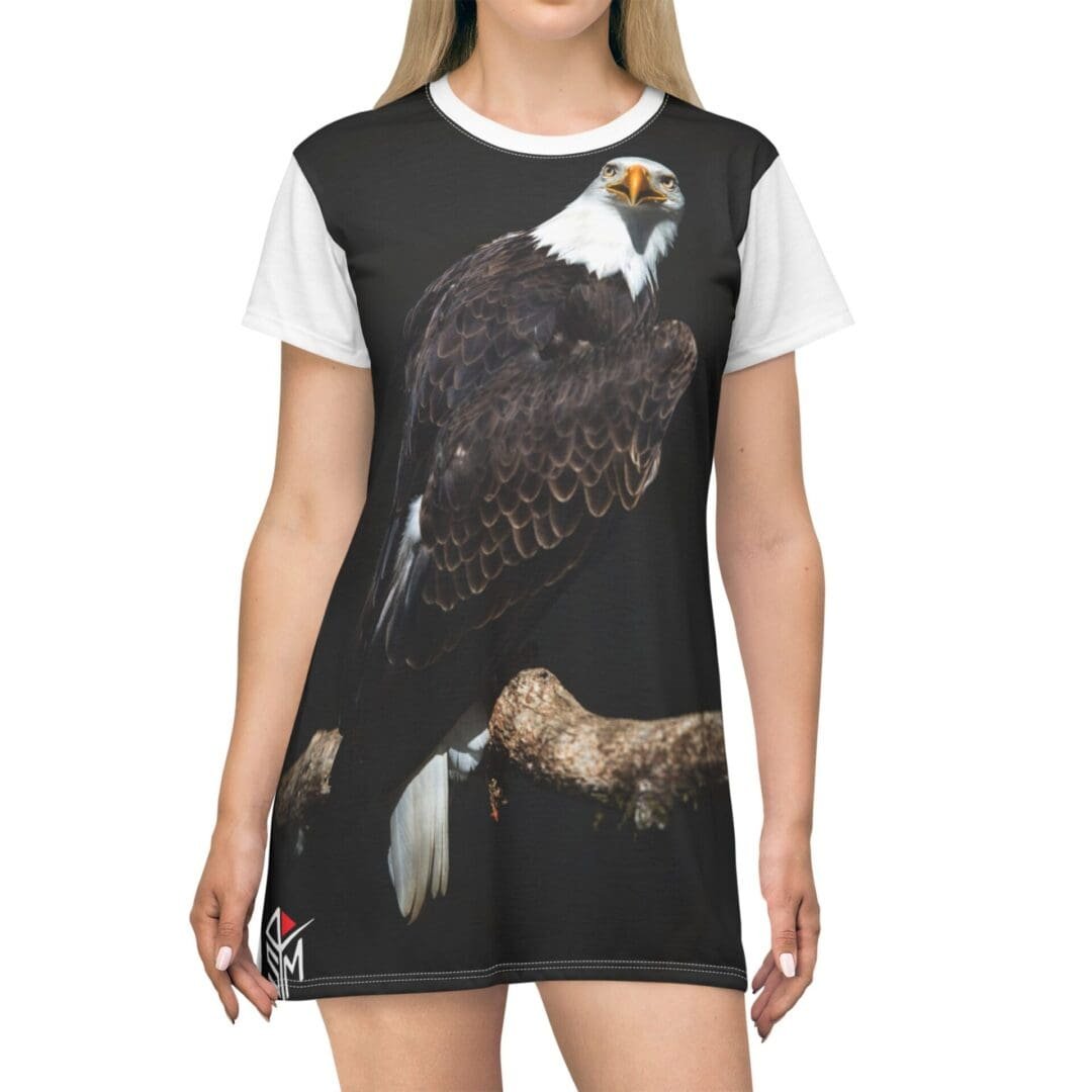 Dress featuring a large bald eagle print on the front.