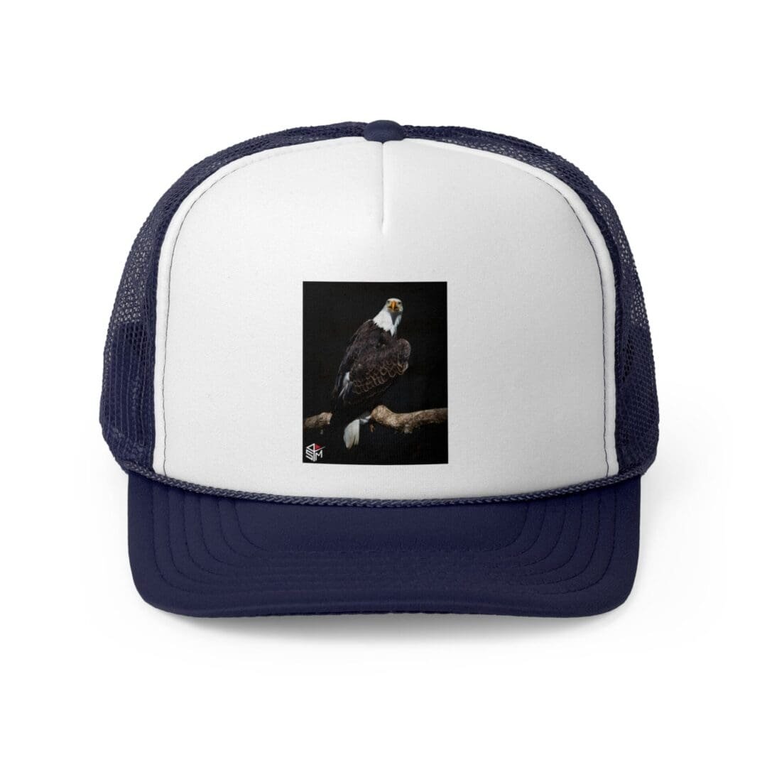White and navy blue trucker hat with a dark rectangular image on front.