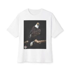 White T-shirt featuring a bald eagle perched on a branch.