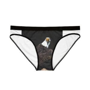 Black bikini panties with a small dog face print on the front.