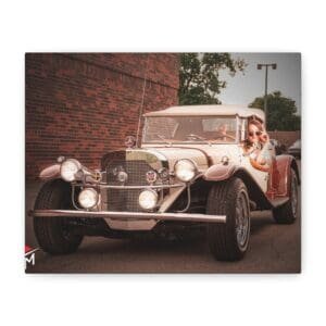 A vintage car with a couple dressed in formal attire.