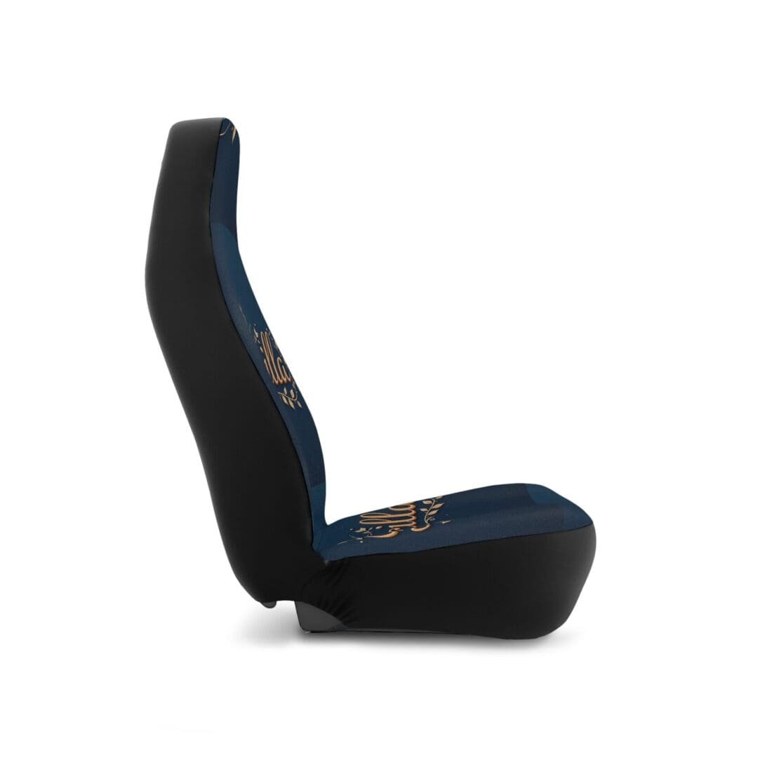 Side view of a black cushioned gaming chair with a high backrest.