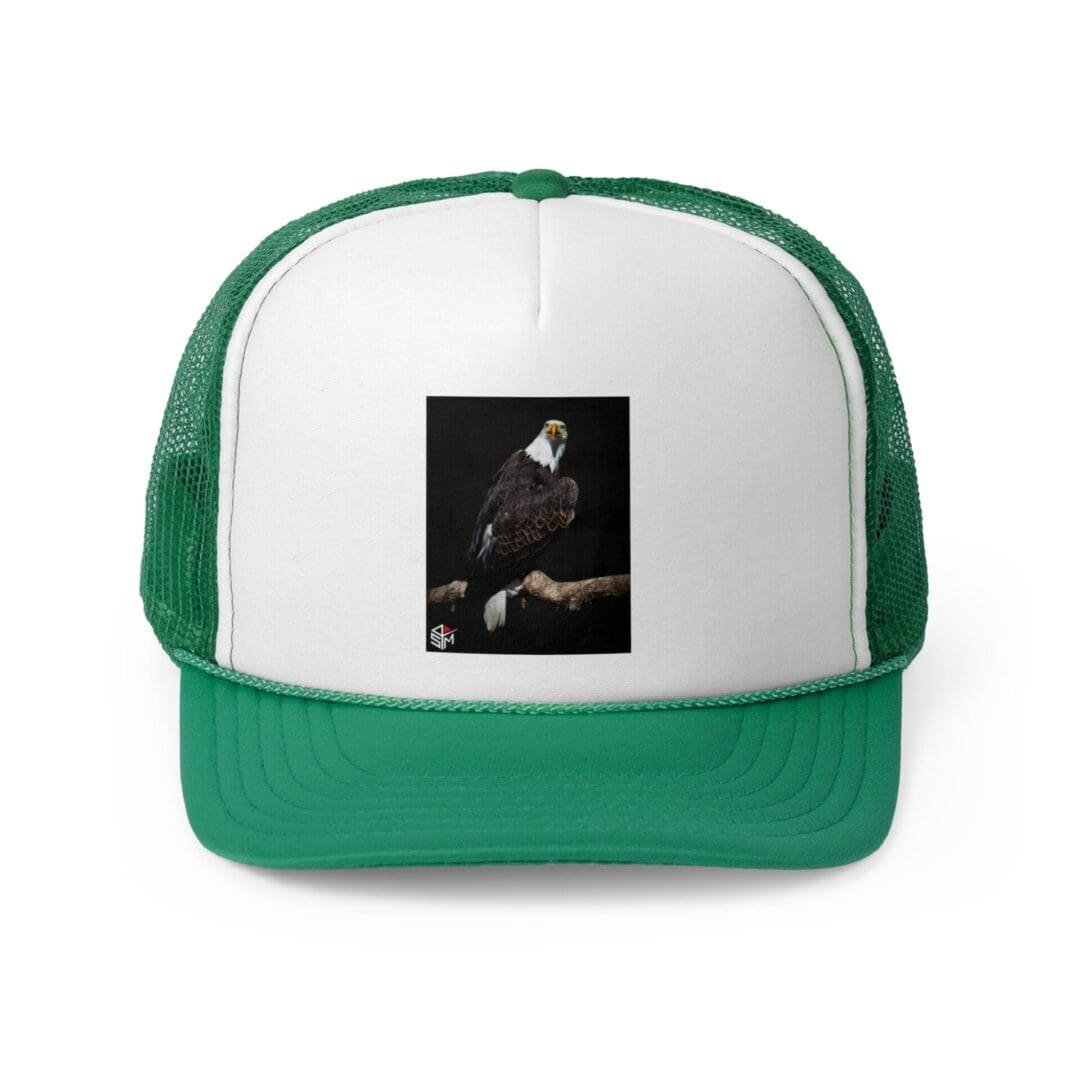 Green and white trucker hat with a small printed image on the front.